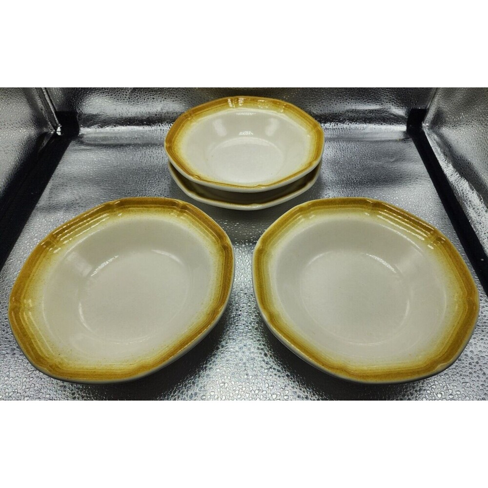 MADE IN THE USA Soup/Cereal/Salad Bowls Scalloped Yellow Rim (3 bowls & 1 plate)